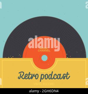 Vintage-Cover für Podcast-Kanal, Musikalbum, Poster. Retro-Podcast oder Broadcast-Show. Vinyl-Schallplatte im Ärmel. Vektor EPS 10. Stock Vektor
