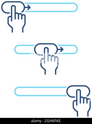 Satz von Tastenschaltern von links nach rechts. Ein, aus Schalte die blauen Liniensymbole des Schiebereglers ein/aus. Steuerungssymbole sperren und entsperren Stock Vektor