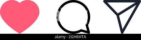 Kiew, Ukraine - 1. August 2021: Rotes Herz, senden, Dialoglinien-Symbole. Beliebte instagram-Medien-Set-Symbole. Sprechblase, sms, Nachricht, Navigation, Teilen, Stock Vektor