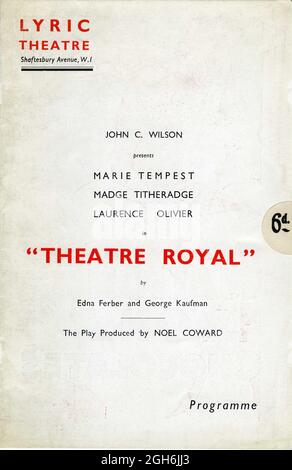 Titelbild des Programms für MARIE TEMPEST MADGE TITHERADGE und LAURENCE OLIVIER in der 1934 ursprünglichen Londoner Bühnentheaterpräsentation des THEATRE ROYAL (in der ursprünglichen Broadway-Präsentation von 1927-8 als DIE KÖNIGLICHE FAMILIE in den USA bekannt) Geschrieben von GEORGE S. KAUFMANN und EDNA FERBER und geleitet von Noel Coward am Lyric Theatre, Shaftesbury Avenue Stockfoto