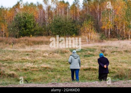 Unschärfe-Effekte von zwei Frauen bei einem Spaziergang in der herbstlichen Natur. Herbsthintergrund. Wunderschöne Parklandschaft. Zwei Frauen, die im Herbst die Straße entlang gehen Stockfoto