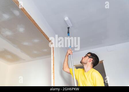 Mann, der einen Pinsel-Roller-Stick hält, während er das Dach eines Hauses malt Stockfoto