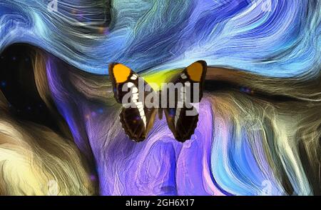Schmetterling auf farbenfroher abstrakter Malerei. 3D-Rendering Stockfoto