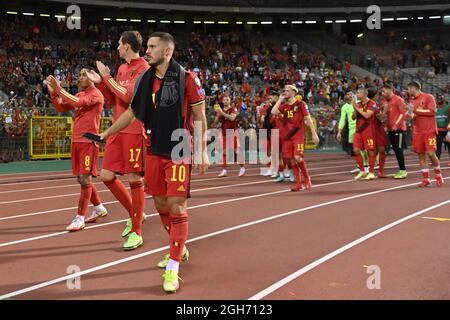 Die belgischen Spieler feiern am Sonntag, den 05. September 2021, nach dem Gewinn eines Fußballspiels zwischen der belgischen Nationalmannschaft Red Devils und der Tschechischen Republik in Bruss Stockfoto