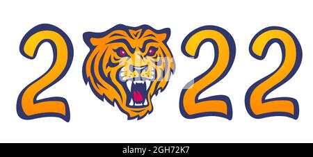 Vektor-Emblem für das neue Jahr 2022 mit Kopf eines Tigers. Vintage-Print für T-Shirt von Angry Tiger für 2022 Jahre. Stock Vektor