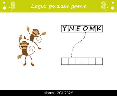 Logik Puzzle-Spiel. Wörter lernen Affe auf englisch. Finde den verborgenen Namen. Aktivitätsseite für die Studie Englisch. Spiel für Kinder. Stock Vektor