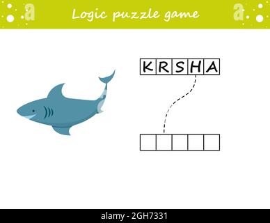 Logik Puzzle-Spiel. Wörter lernen Shark auf englisch. Finde den verborgenen Namen. Aktivitätsseite für die Studie Englisch. Spiel für Kinder. Stock Vektor
