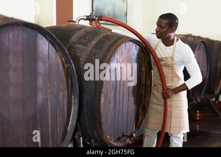 Weinproduzent Kontrolle der Produktion Wein in Weingut, Vorbereitung für die Weinfiltration Stockfoto