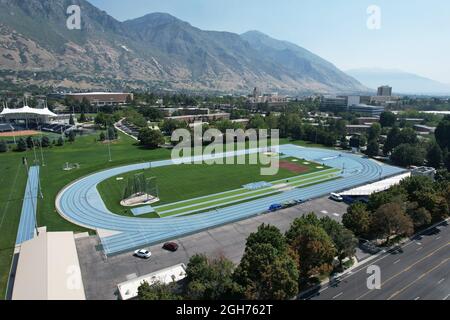 Eine Luftaufnahme des Clarence F. Robison Track auf dem Campus der Brigham Young University, Samstag, 4. September 2021, in Provo, Utah. Das Stadion ist das Hom Stockfoto