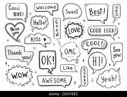 Komische Sprechblase mit Dialogwort Hi, ok, bye, Herzlich Willkommen. Handgezeichnete Skizze im Doodle-Stil. Vektordarstellung Sprechblase Chat, Nachrichtenelement. Stock Vektor