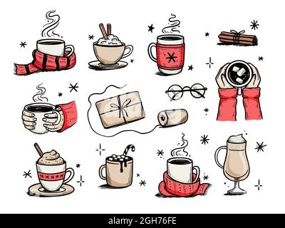 Weihnachts-Heißgetränk Set aus Winterkaffee, Tee, Schokolade. Handgezeichneter Skizzenstil. Trinkbecher, Becher mit Winterschal. Vektorgrafik. Stock Vektor