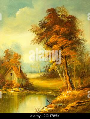 Ein altes Ölgemälde, das ein kleines Häuschen in der Nähe eines Sees und eines Waldes darstellt. Stockfoto