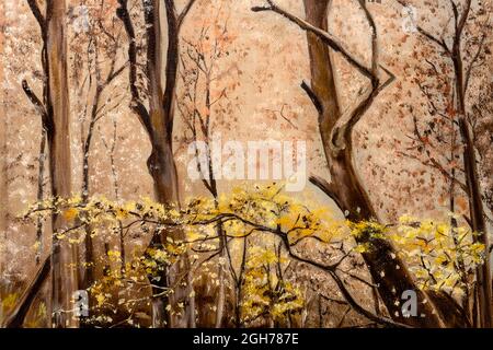 Fragment eines Ölgemäldes, das einen blühenden Baum in der Mitte des Waldes darstellt. Stockfoto