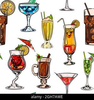 Aquarell digitale Illustration nahtlose Muster von Cocktails in verschiedenen Formen Stockfoto