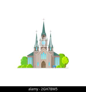 Evangelische Kirchenfassade außen isoliert Religion Architektur flach Cartoon-Ikone. Vector katholische mittelalterliche Kathedrale, Kirchturm, Hochzeit zu halten Stock Vektor