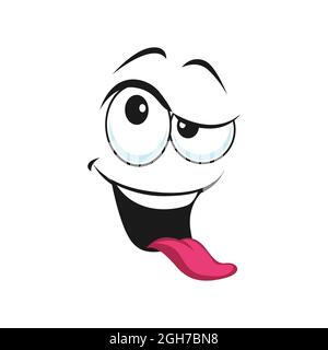 Seltsame Emoji, verrückter Idiot mit langzungenisoliertem, neckenden Gesichtsausdruck. Vector fröhliche Person sozialen Netzwerk emoji. Emoticon mit unbeholfenem fa Stock Vektor