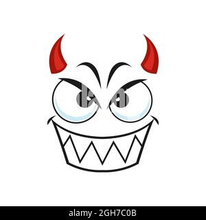 Emoticon Dämon mit toothy Lächeln und roten Hörnern isoliert Ikone. Vector Teufel emoji, Zeichentrickfilm Charakter Schöpfung aus der Hölle. Komisch negativ Smiley, wütend s Stock Vektor