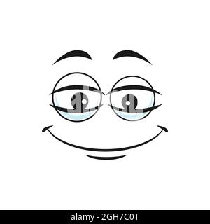 Fröhliche freundliche Emoticon mit breiten Lächeln und großen Augen isoliert Symbol. Vector sanft schöne glückliche Emoji mit zufriedenen Lächeln, Geste des Glücks und pleasur Stock Vektor