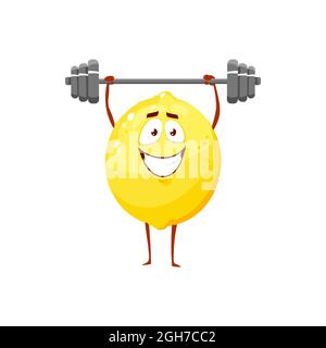 Cartoon Lemon Workout mit Langhantel, Obstsportler Vektor-Symbol, lustige Charakter Sport-Übungen mit Gewicht isoliert auf weißem Hintergrund. Gesunde Foo Stock Vektor