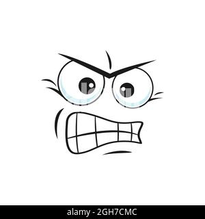 Fragwürdiger, wütender Smiley, zweifelhafter, wütender Gesichtsausdruck isoliertes Emoticon. Vector misstrauische Emoji mit großen Augen, misstrauisches Lächeln, misstrauische Emotte Stock Vektor