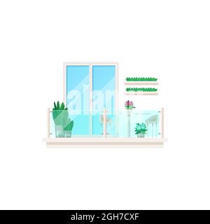 Balkon, Architektur außen des Hausgebäudes, Vektor-Glastür und Fensterfassade vorne. Glasbalkon des modernen Hausgebäudes mit Blumenpflanzen Stock Vektor