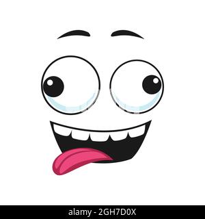 Dumme Emoji mit verwirrten, verrückten Augen, die die Zunge isoliert zeigen. Vektor seltsame Emoji, verrückte Idiot Maskottchen. Fröhliche Person soziales Netzwerk emoji, emotico Stock Vektor