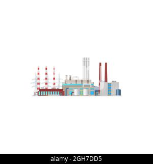 Anlagen-, Energie- und Kraftwerksindustrie, Vector Electric Station Towers. Kraftwerkssymbol, nukleares, chemisches oder thermisches Fabrikgebäude mit Turbine Stock Vektor