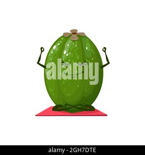Feijoa Frucht in der Meditation, Vektor-Cartoon-Charakter und gesundes Leben in Vitaminen. Feijoa mit Gesicht und Lächeln auf Yoga-Matte meditiert im Lotus, lustig tr Stock Vektor
