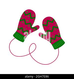 Strickhandschuhe aus Wolle mit Zickzackmuster. Kuschelige Winterhandschuhe isoliert auf weißem Hintergrund. Vektorgrafik flach. Stock Vektor