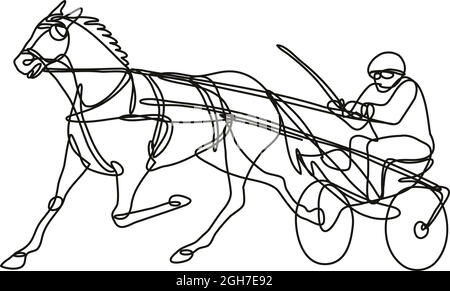 Fortlaufende Linienzeichnung Illustration eines Jockeys und eines Pferdegeschirmrennens Seitenansicht in mono-line oder Doodle-Stil in schwarz und weiß auf isoliertem b Stock Vektor