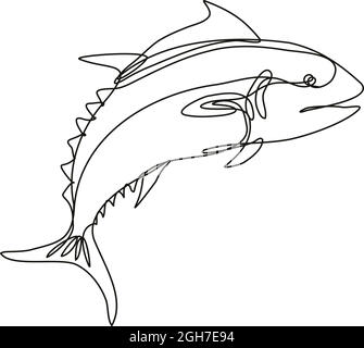 Fortlaufende Linienzeichnung Illustration eines roten Thunfischs, der in Schwarzweiß auf isoliertem Hintergrund in Mono-Line oder Doodle-Stil springt. Stock Vektor