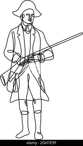 Fortlaufende Linienzeichnung Illustration eines amerikanischen Patriot Revolutionary Soldier mit Musket Rifle Front View im Mono-Line- oder Doodle-Stil in b Stock Vektor