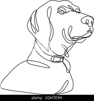 Kontinuierliche Linienzeichnung Illustration eines Labrador Retriever Hundekopfes, der in Mono-Line oder Doodle-Stil in Schwarz und Weiß auf isoliertem Bac aufschaut Stock Vektor