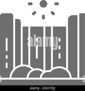 Vektor Wasserfall und Berglandschaft grau Symbol. Stock Vektor