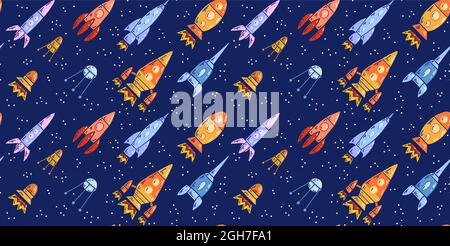 Nahtlose Raumstruktur mit Raumschiffen und Sternen auf dunklem Hintergrund. Vektor-Muster mit Cartoon-Kontur Space Shuttle fliegen nach oben. Tapete Universum Stock Vektor