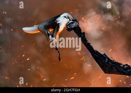 Valencia, Spanien. September 2021. Ein ninot brennt in einer Kinderfalla auf der Plaza del Ayuntamiento von Valencia. La Crema ('verbrannt') ist der Akt des Feuers auf Karton- oder Holzdenkmäler (in diesem Fall die Fallas) während der Feierlichkeiten in verschiedenen Städten der Valencianischen Gemeinschaft (Spanien). Mit der Verbrennung der Denkmäler markiert es das Ende des Festivals. Die Fallas, das berühmteste Fest in Valencia, wird vom 1. Bis 5. September 2021 mit Einschränkungen aufgrund der durch Covid19 verursachten Pandemie gefeiert. Kredit: SOPA Images Limited/Alamy Live Nachrichten Stockfoto