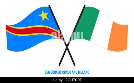 Demokratische Republik Kongo und Irland Flaggen gekreuzt und winken Flat Style. Offizieller Anteil. Korrigieren Sie Die Farben. Stockfoto