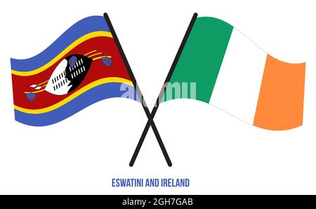 Eswatini und Irland Flaggen gekreuzt und winken Flat Style. Offizieller Anteil. Korrigieren Sie Die Farben. Stockfoto