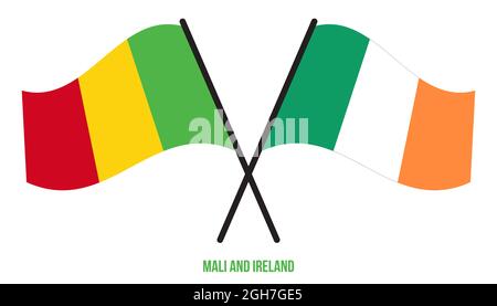 Mali und Irland Flaggen gekreuzt und winkend Flat Style. Offizieller Anteil. Korrigieren Sie Die Farben. Stockfoto