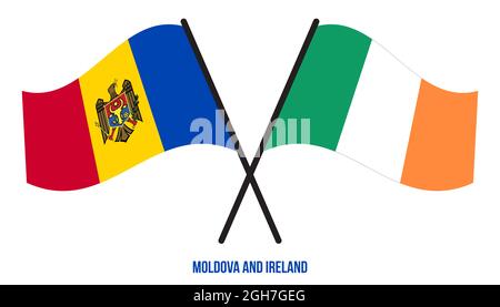 Moldawien und Irland Flaggen gekreuzt und winken Flat Style. Offizieller Anteil. Korrigieren Sie Die Farben. Stockfoto