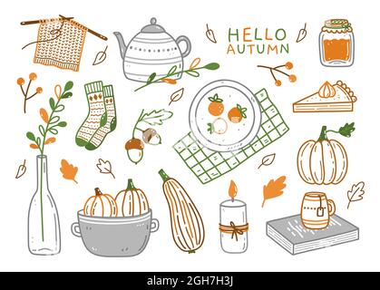 Set aus Herbst-Elementen - warme Socken, Teekannen mit einer Tasse, Kürbisse, Marmelade, Kürbiskuchen, Kerze, Eicheln und andere. Handgezeichnete Vektor-Doodle-Illustration. Perfekt für Karten, Urlaubsdesigns, Dekorationen. Stock Vektor