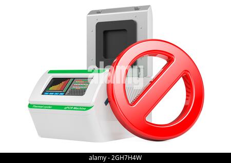 Verbotssymbol mit PCR-Thermocycler. 3D-Rendering auf weißem Hintergrund isoliert Stockfoto