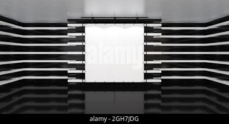 Blanke weiße Poster-Banner in der Mitte der leeren beleuchteten Halle mit LED-Lampen an den Wänden und glänzendem Boden. 3D-Rendering. Dreidimensionales Modell Stockfoto