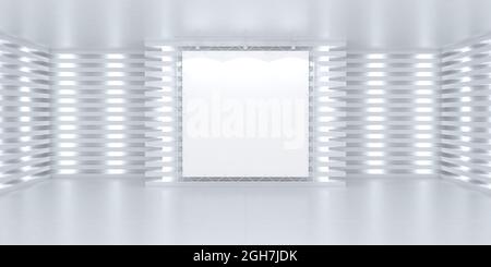 Blanke weiße Poster-Banner an der Wand in hell beleuchteten Innenraum. 3d-Hintergrund der Bühne. Dreidimensionales Modell. Stockfoto