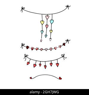 Doodle Valentinstag Girlanden Set. Handgezeichnetes, auf weißem Hintergrund isoliertes Festoon. Farbe festliche Dekoration mit Herzen, Band, Schleife. Vektorskizze Stock Vektor