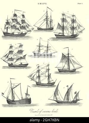 Schiffe Schiffe Schiffe verschiedener Art Kupferstich aus der Encyclopaedia Londinensis oder, Universal Wörterbuch der Künste, Wissenschaften und Literatur; Band XXIII; herausgegeben von Wilkes, John. Veröffentlicht 1828 in London Stockfoto