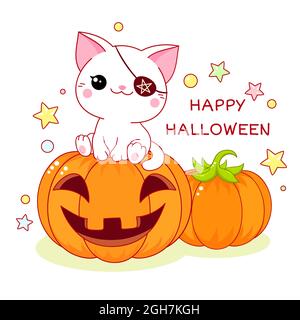 Frohe Halloween. Grußkarte Halloween mit Kawaii Katze mit Augenpatche auf einem Kürbis sitzend. Vektorgrafik EPS8 Stock Vektor