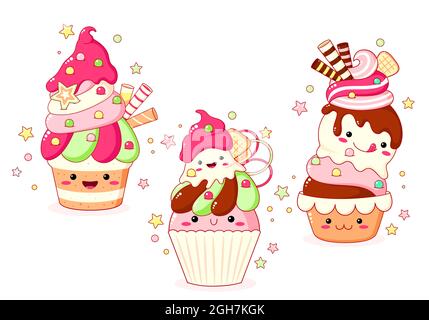 Satz von Niedlich süß Symbole in kawaii Stil mit lächelnden Gesicht und rosa Wangen für Sweet Design. Eis, Kuchen, Eisbecher Kinder, cupcake. EPS8 Stock Vektor