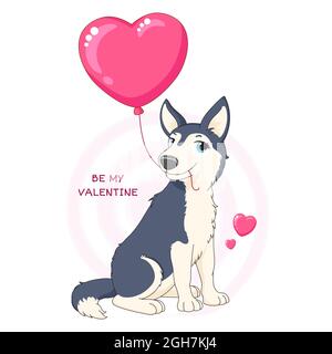 Valentinskarte mit niedlichem Hund. Lustige Cartoon Husky mit Herz geformten Ballon, Inschrift sein mein Valentine. Vektorgrafik EPS8 Stock Vektor