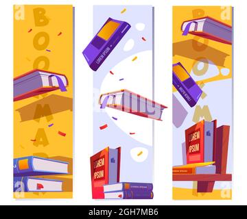 Lesezeichenvorlage zum Lesen von Literatur in der Schule oder Bibliothek. Vector vertikale Banner mit Cartoon-Illustration von fliegenden Büchern mit Bändern und Stapel auf Regal Stock Vektor